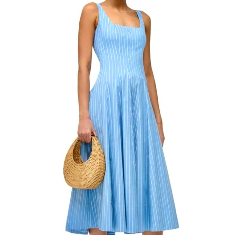 🌺🎉HP🎉🌺 NWOT Staud Wells Midi Dress Azure Pinstripe 🌟Rare Find🌟 - Picture 3 of 16